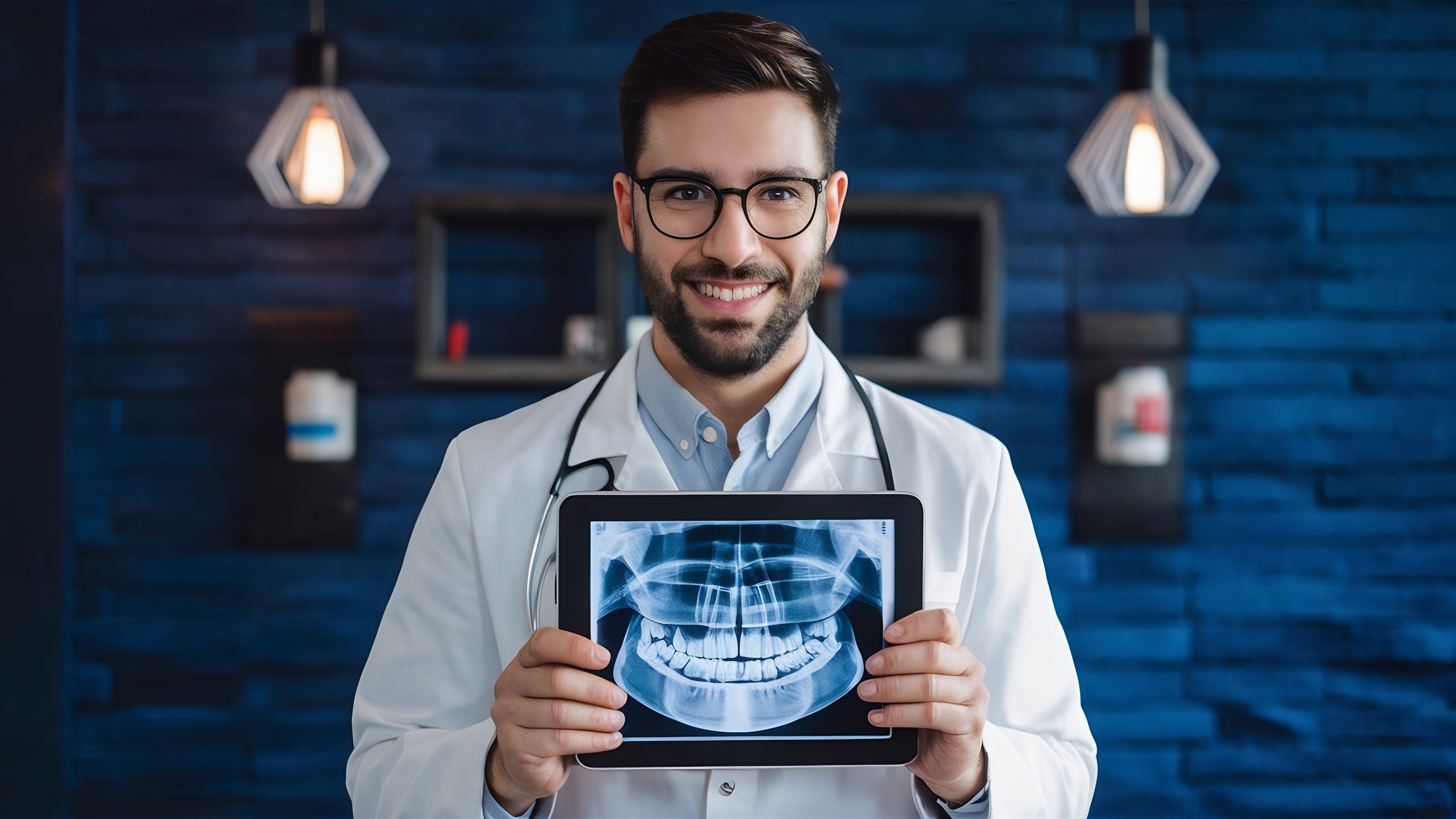 Radiologista BRLaudos apresentando exame digital no tablet