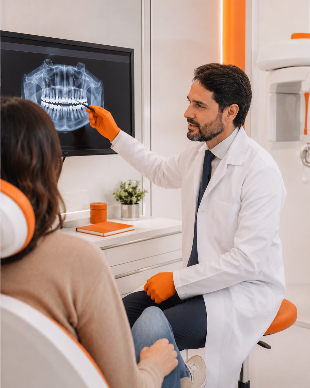 Profissional apresentando radiografia panorâmica digital no monitor