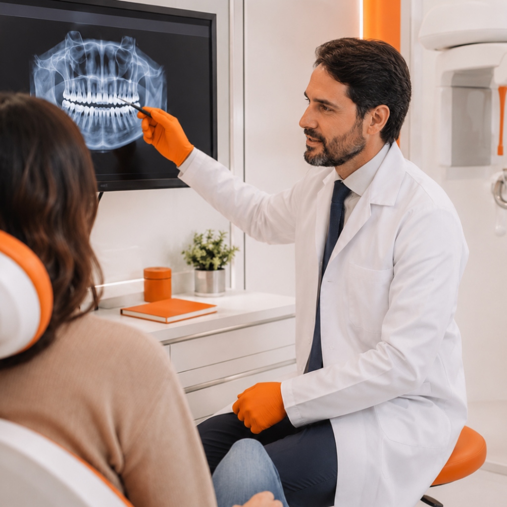Dentista mostrando raio-x panorâmico ao paciente