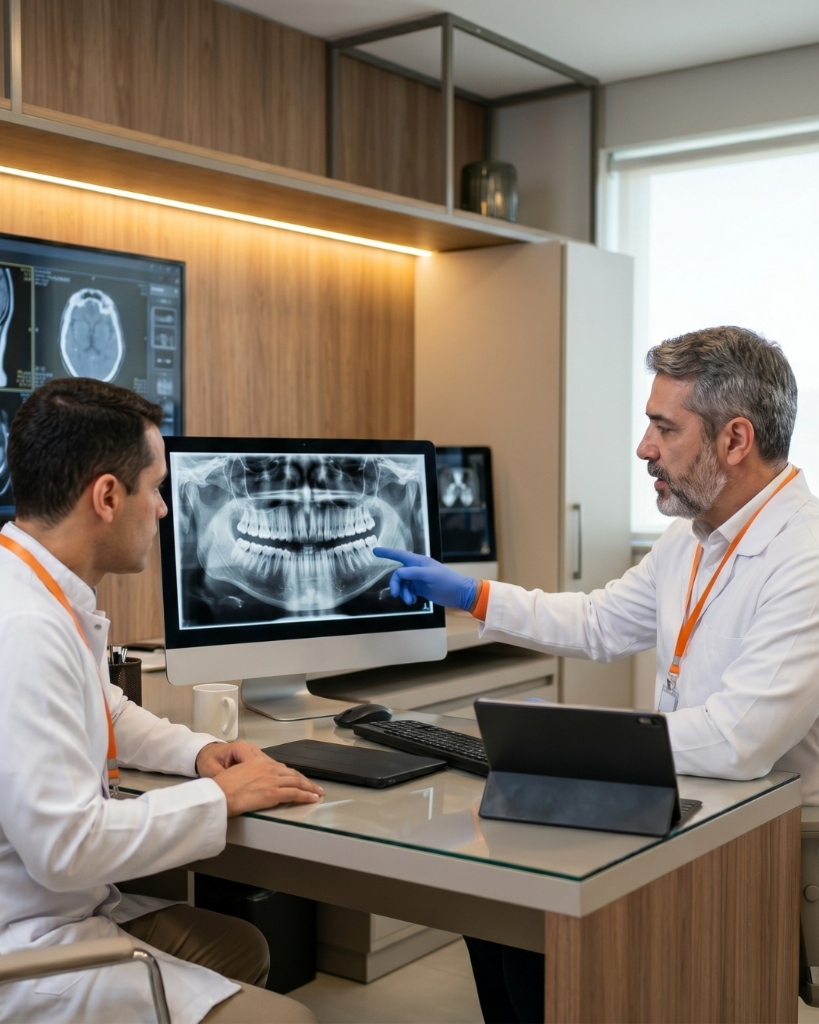 Radiologista analisando raio-x panorâmico no monitor com colega