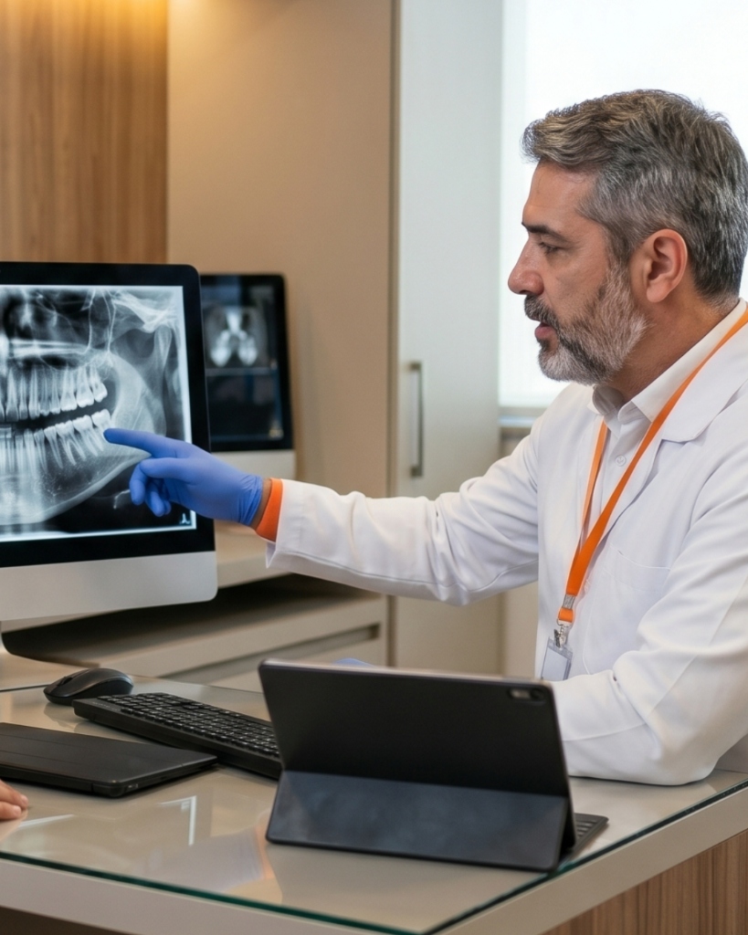 Radiologista especializado analisando laudo odontológico na plataforma BRLaudos