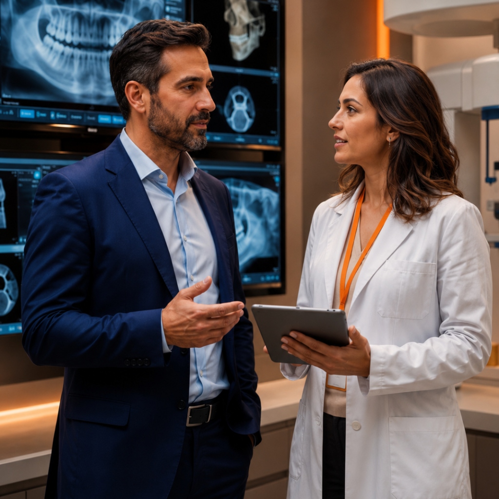Radiologista especialista conversando com dentista sobre exame odontológico